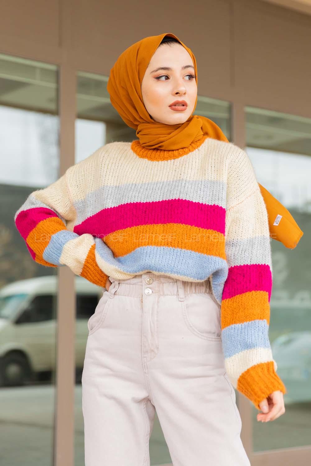 Modalamelif Beş Renk Şeritli Kazak Oranj