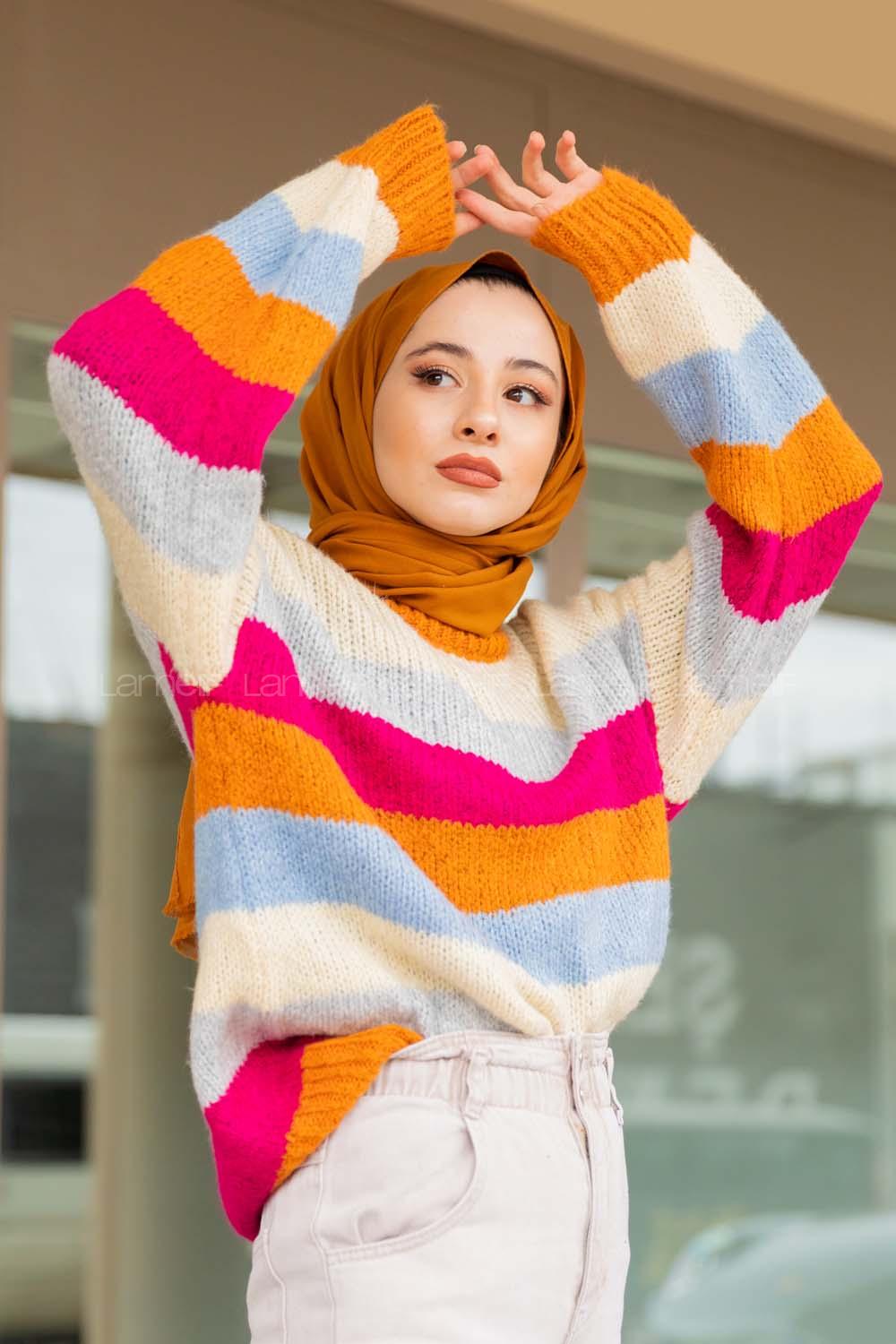 Modalamelif Beş Renk Şeritli Kazak Oranj