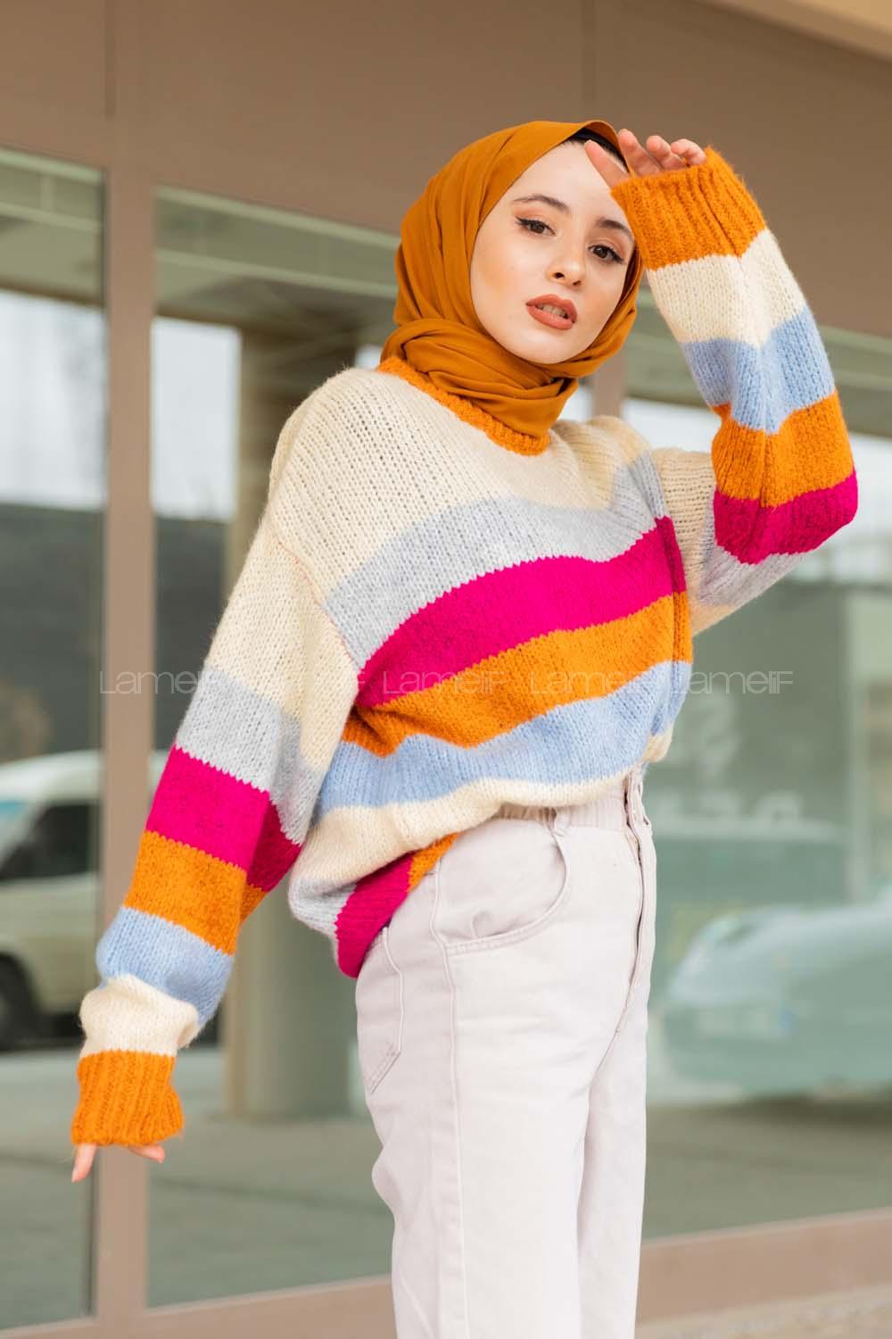 Modalamelif Beş Renk Şeritli Kazak Oranj