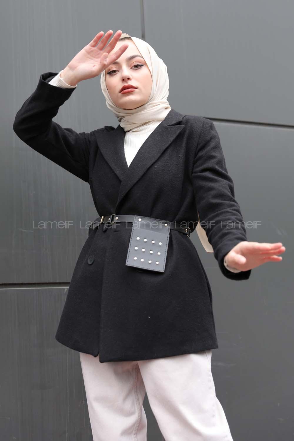 Modalamelif Çanta Detaylı Kaşe Ceket  Siyah