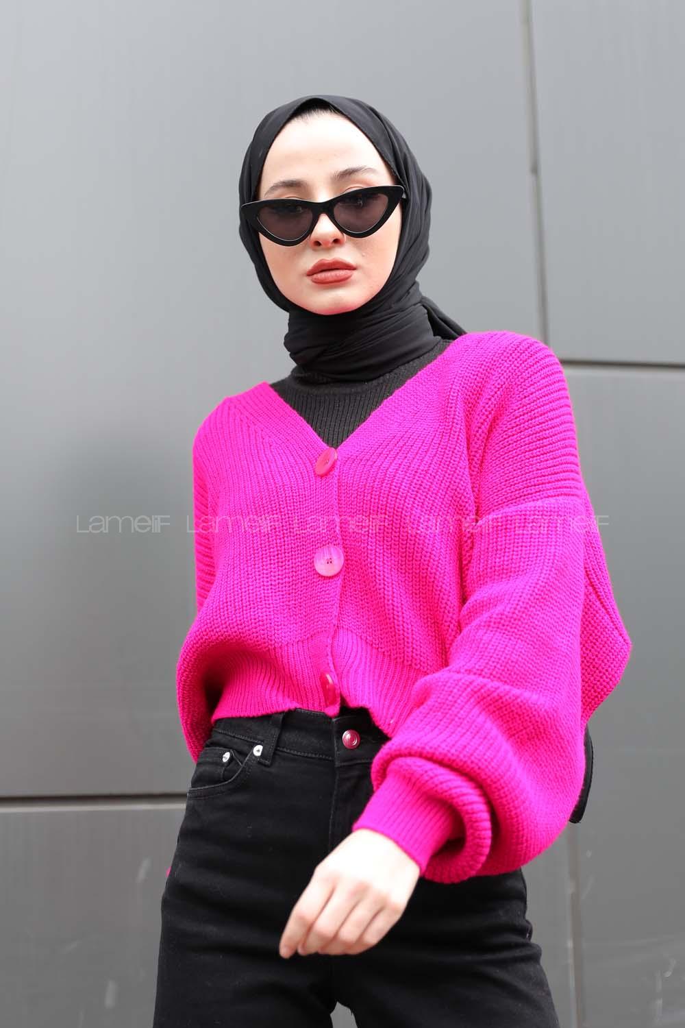 Modalamelif Düğmeli Selanik Hırka Fuşya