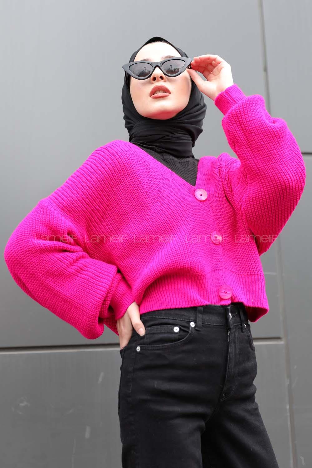 Modalamelif Düğmeli Selanik Hırka Fuşya