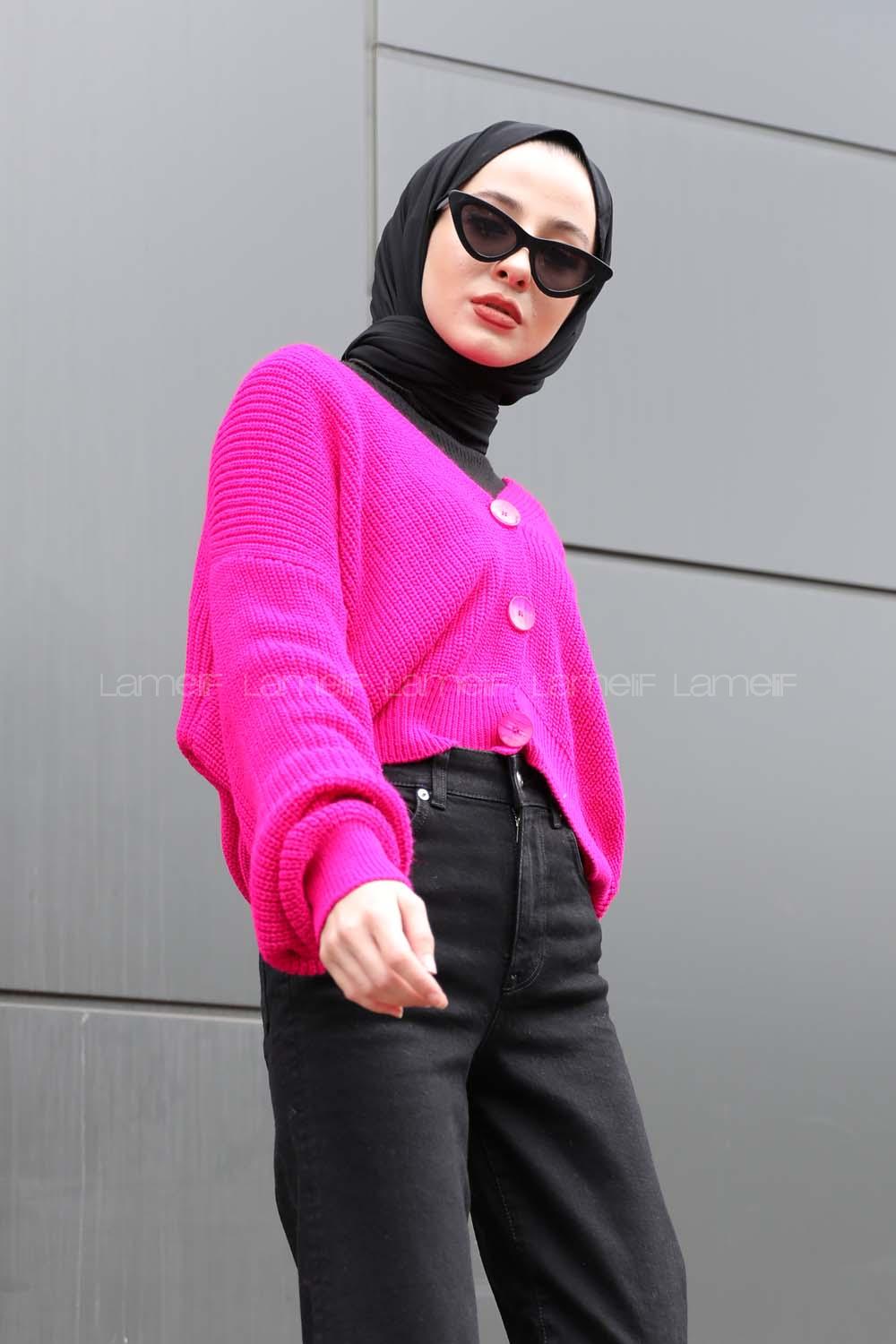 Modalamelif Düğmeli Selanik Hırka Fuşya