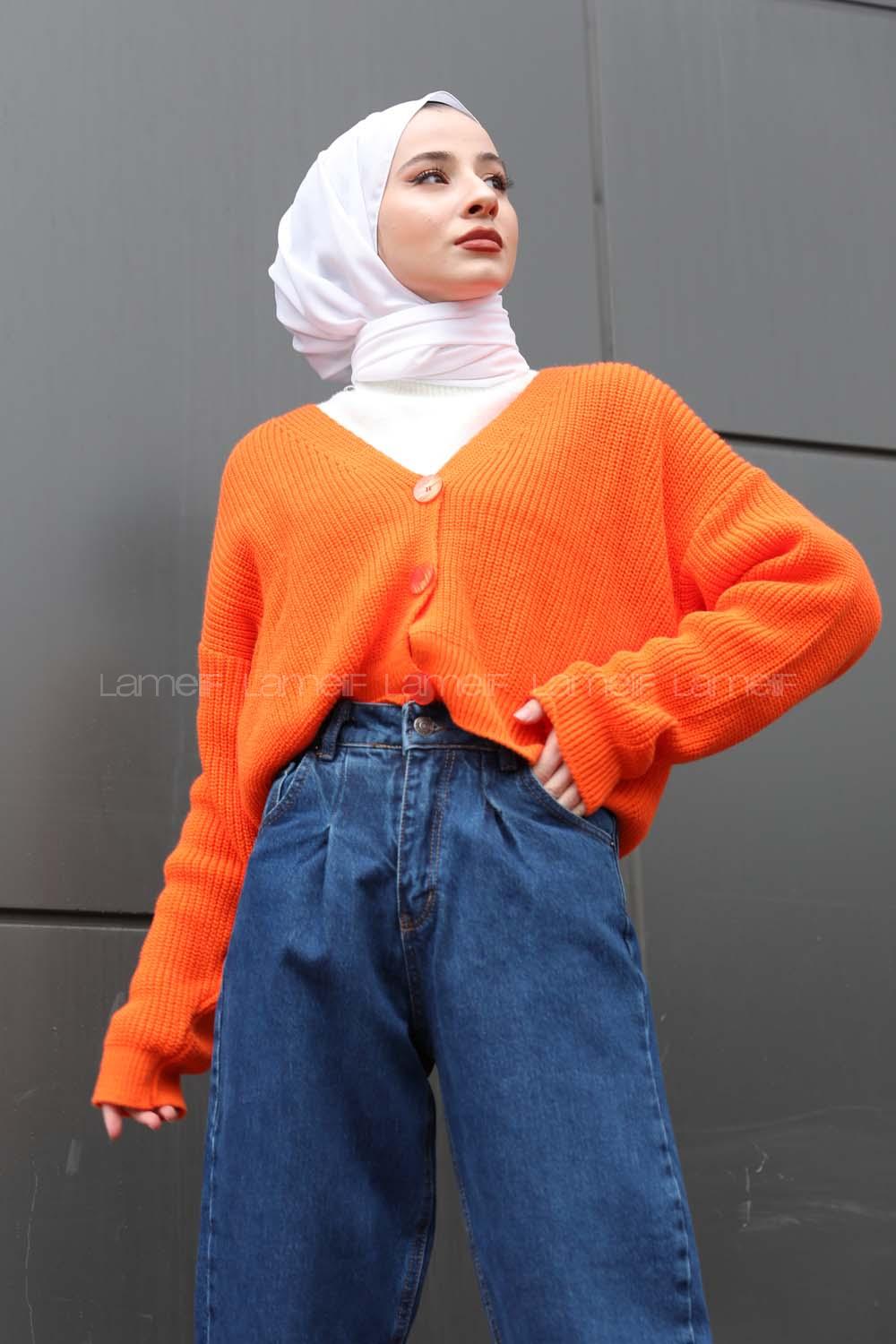 Modalamelif Düğmeli Selanik Hırka Oranj