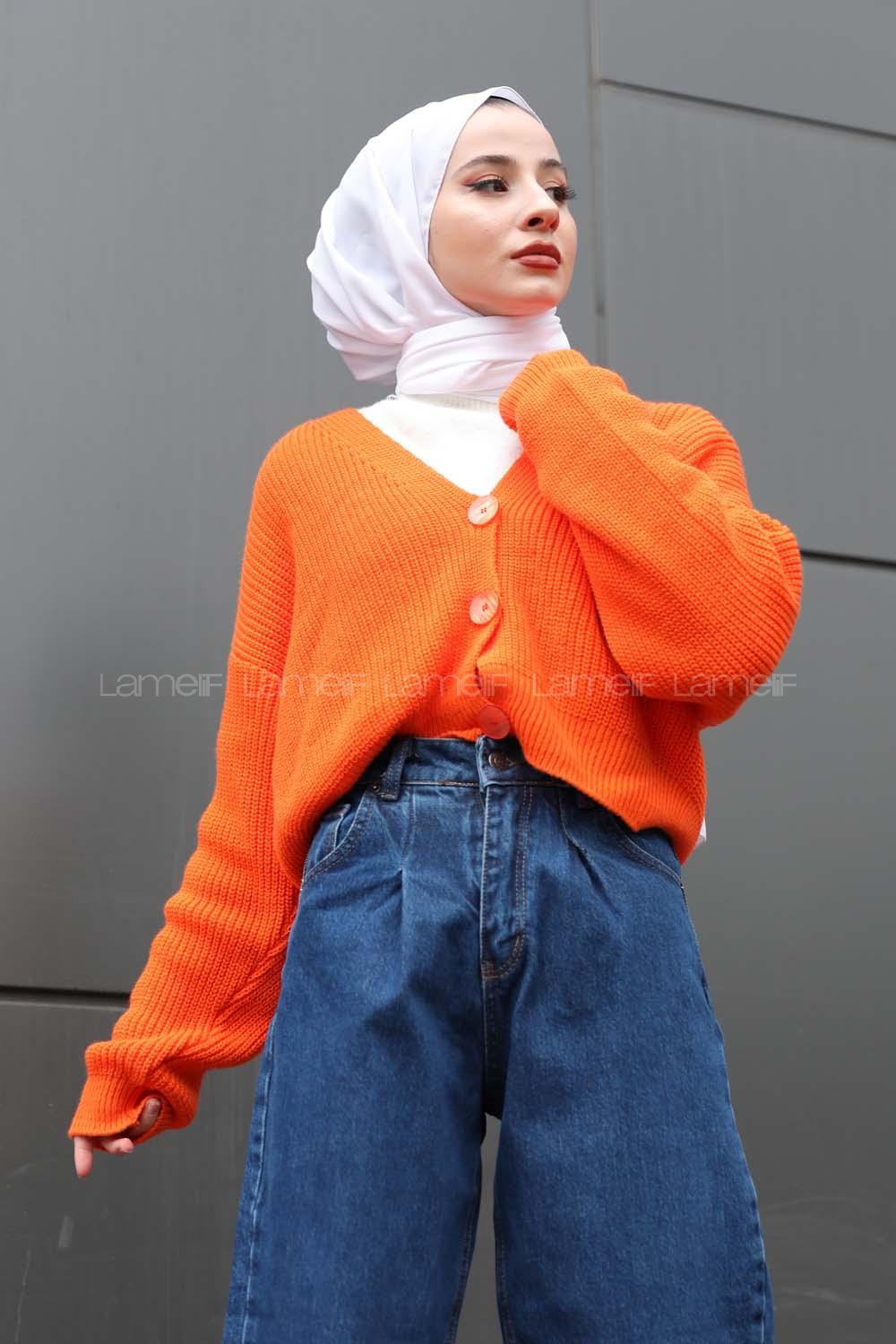 Modalamelif Düğmeli Selanik Hırka Oranj