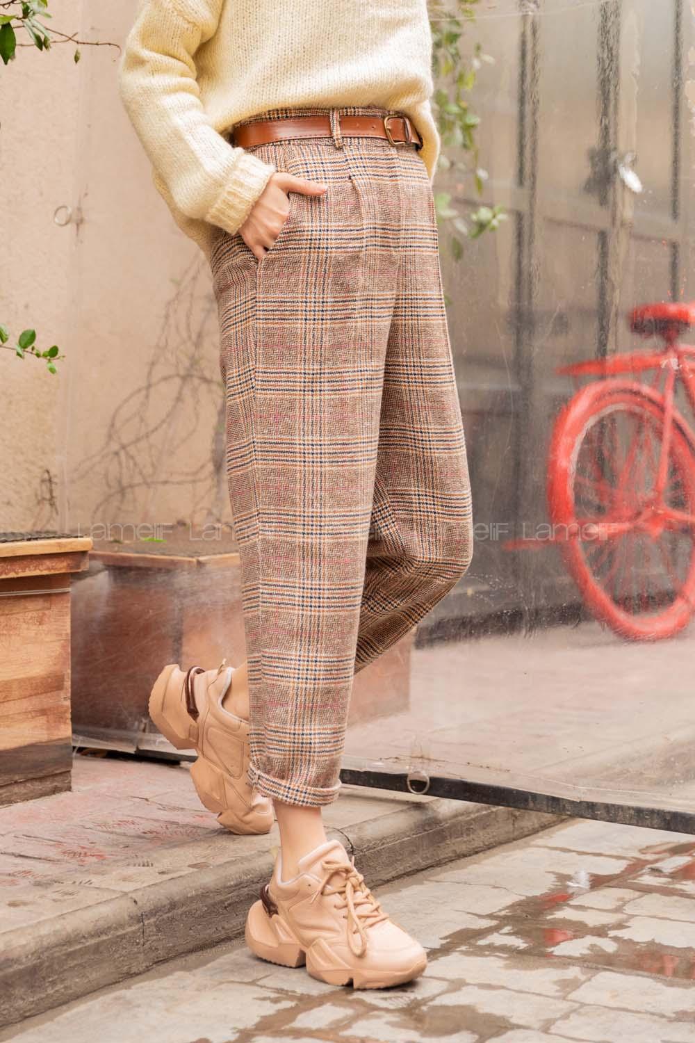 Modalamelif Ekose Desen Havuç Pantolon Kahverengi