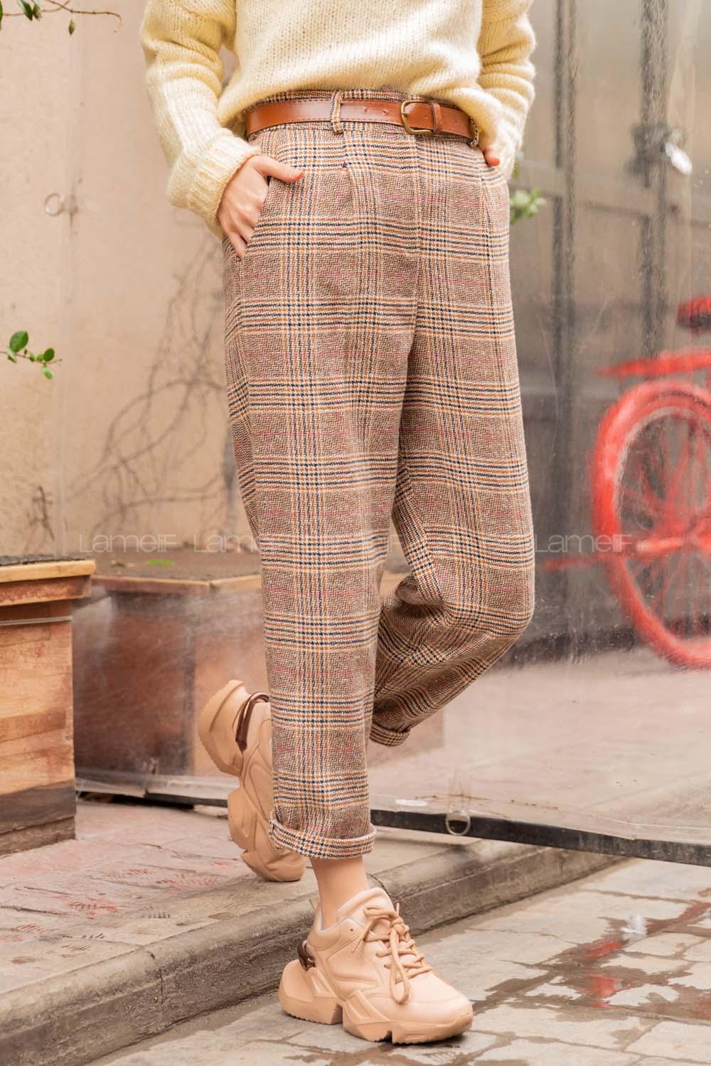 Modalamelif Ekose Desen Havuç Pantolon Kahverengi