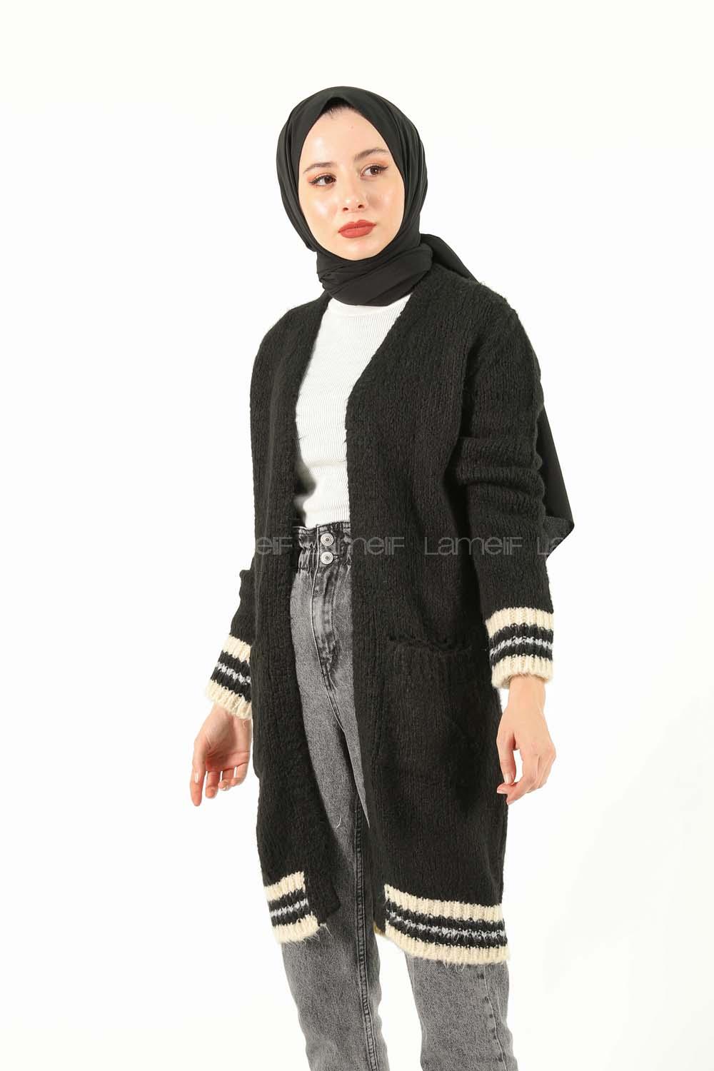 Modalamelif Eteği Çizgili Hırka Siyah