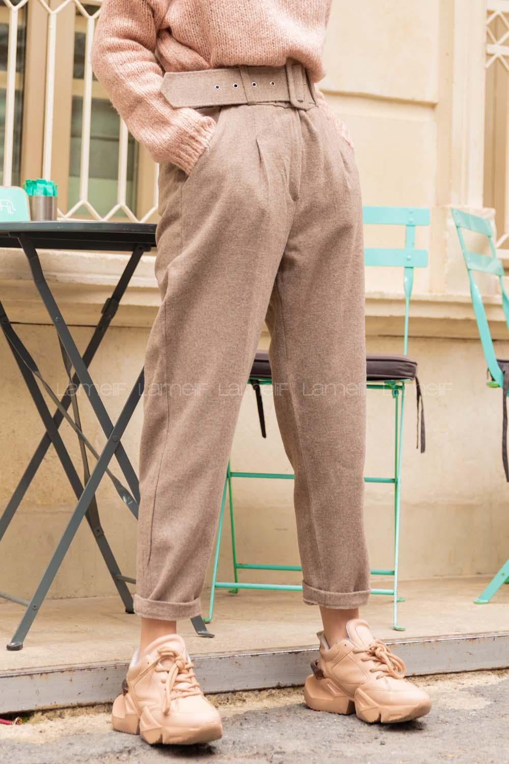 Modalamelif  Geniş Kemerli Kaşe Pantolon  Vizonrengi