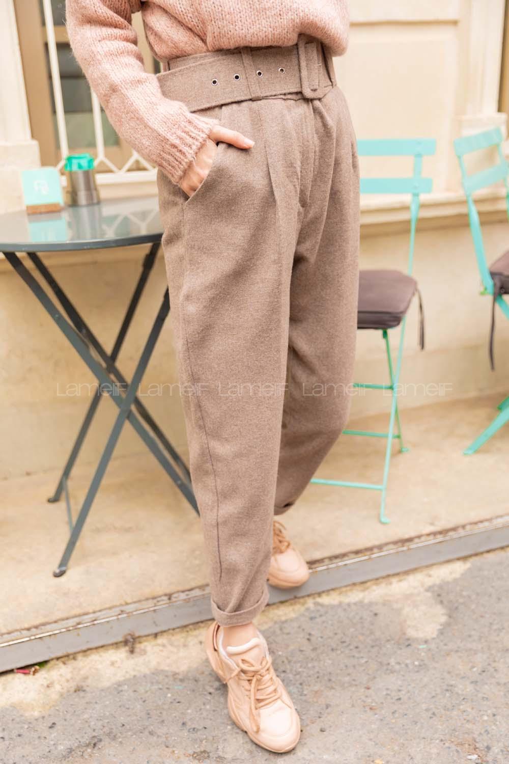 Modalamelif  Geniş Kemerli Kaşe Pantolon  Vizonrengi