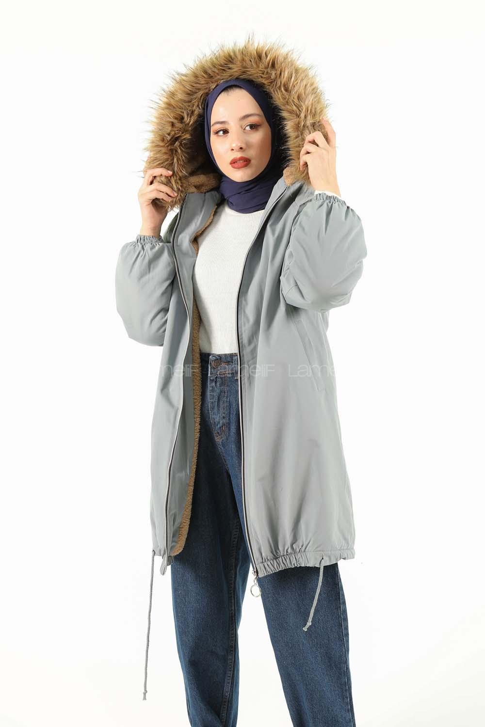 Modalamelif İçi Kürklü Arkası Süs fermuar Detaylı Kaban Açık Mavi