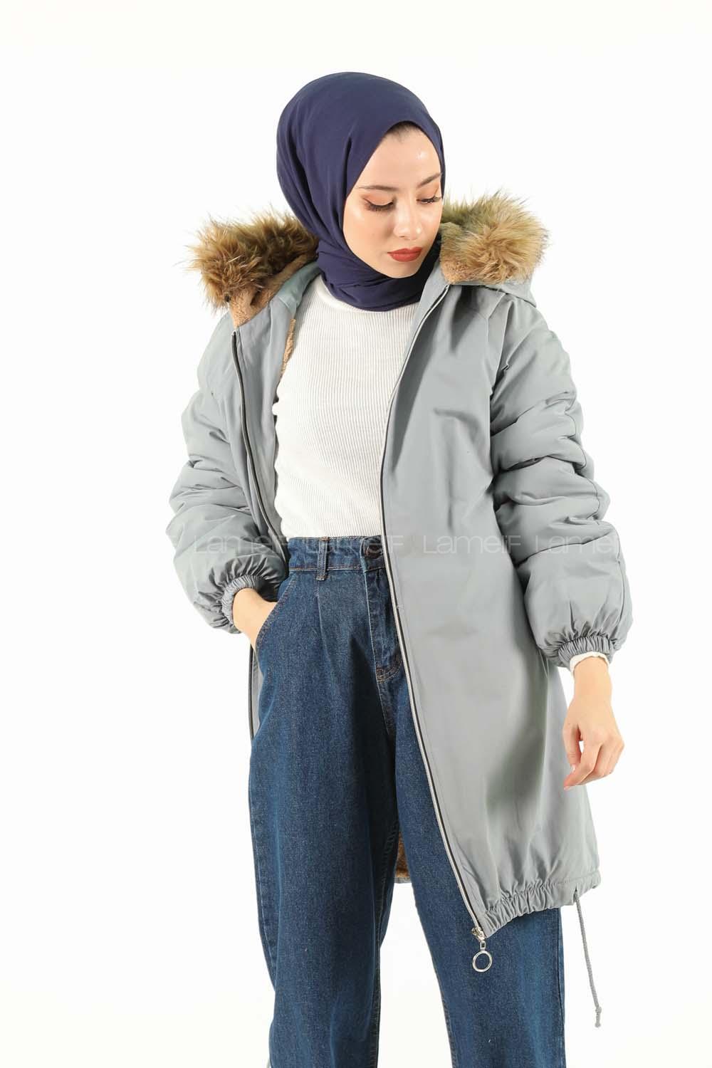 Modalamelif İçi Kürklü Arkası Süs fermuar Detaylı Kaban Açık Mavi