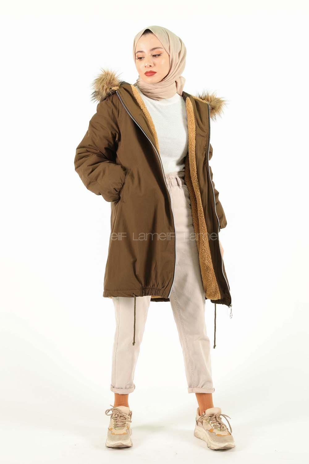 Modalamelif İçi Kürklü Arkası Süs fermuar Detaylı Kaban Haki