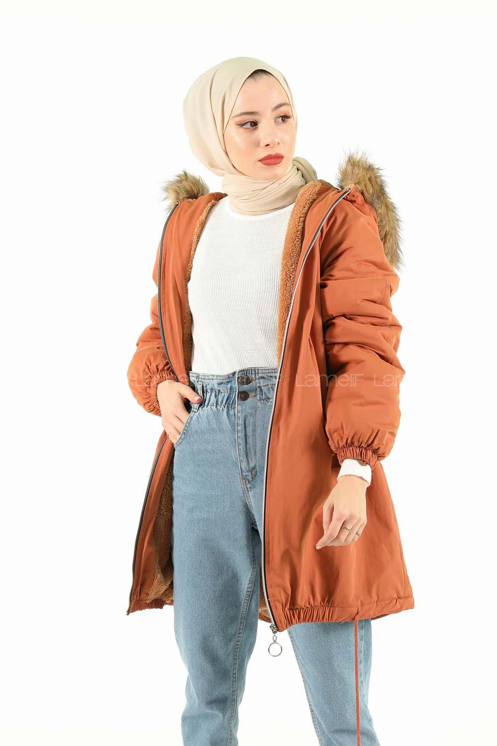 Modalamelif İçi Kürklü Arkası Süs fermuar Detaylı Kaban Kiremit