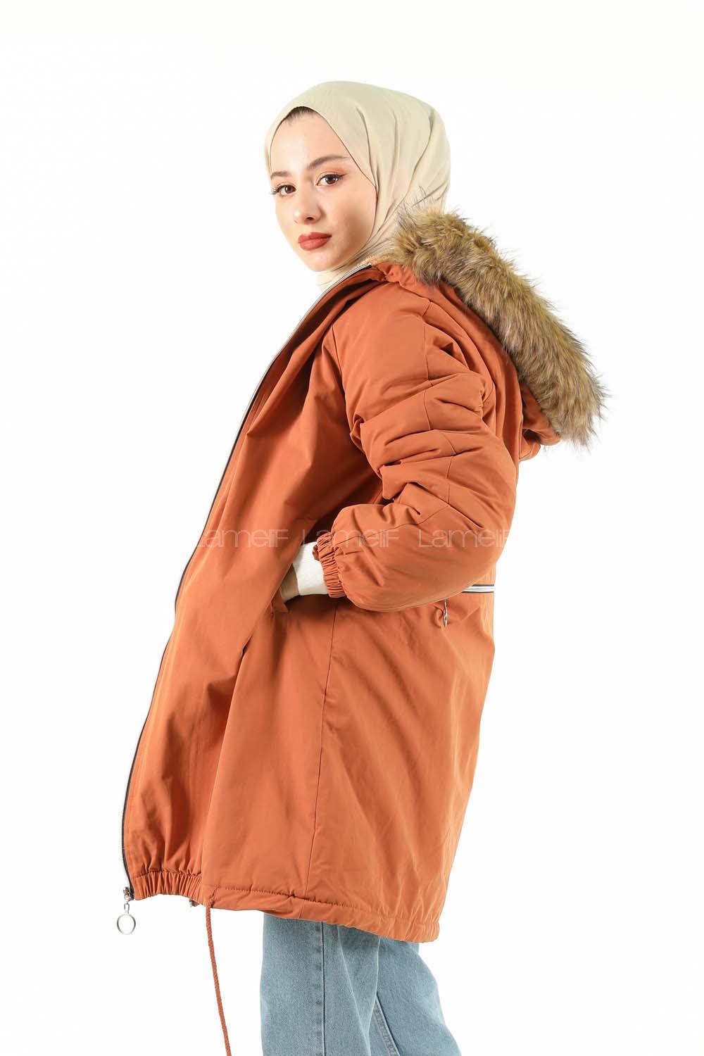 Modalamelif İçi Kürklü Arkası Süs fermuar Detaylı Kaban Kiremit