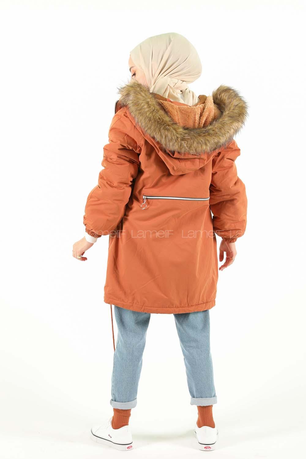 Modalamelif İçi Kürklü Arkası Süs fermuar Detaylı Kaban Kiremit