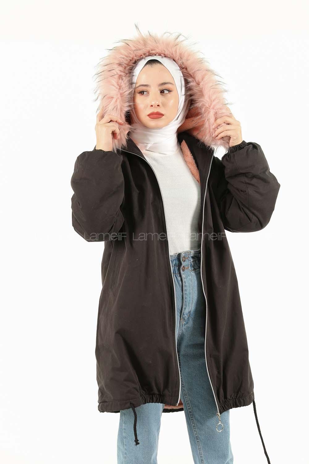 Modalamelif İçi Kürklü Arkası Süs fermuar Detaylı Kaban Siyah