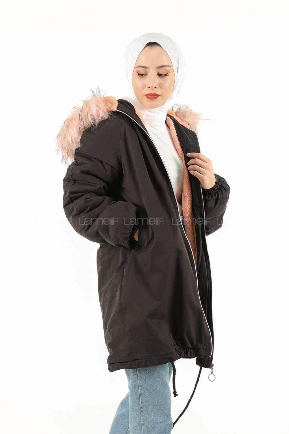 Modalamelif İçi Kürklü Arkası Süs fermuar Detaylı Kaban Siyah