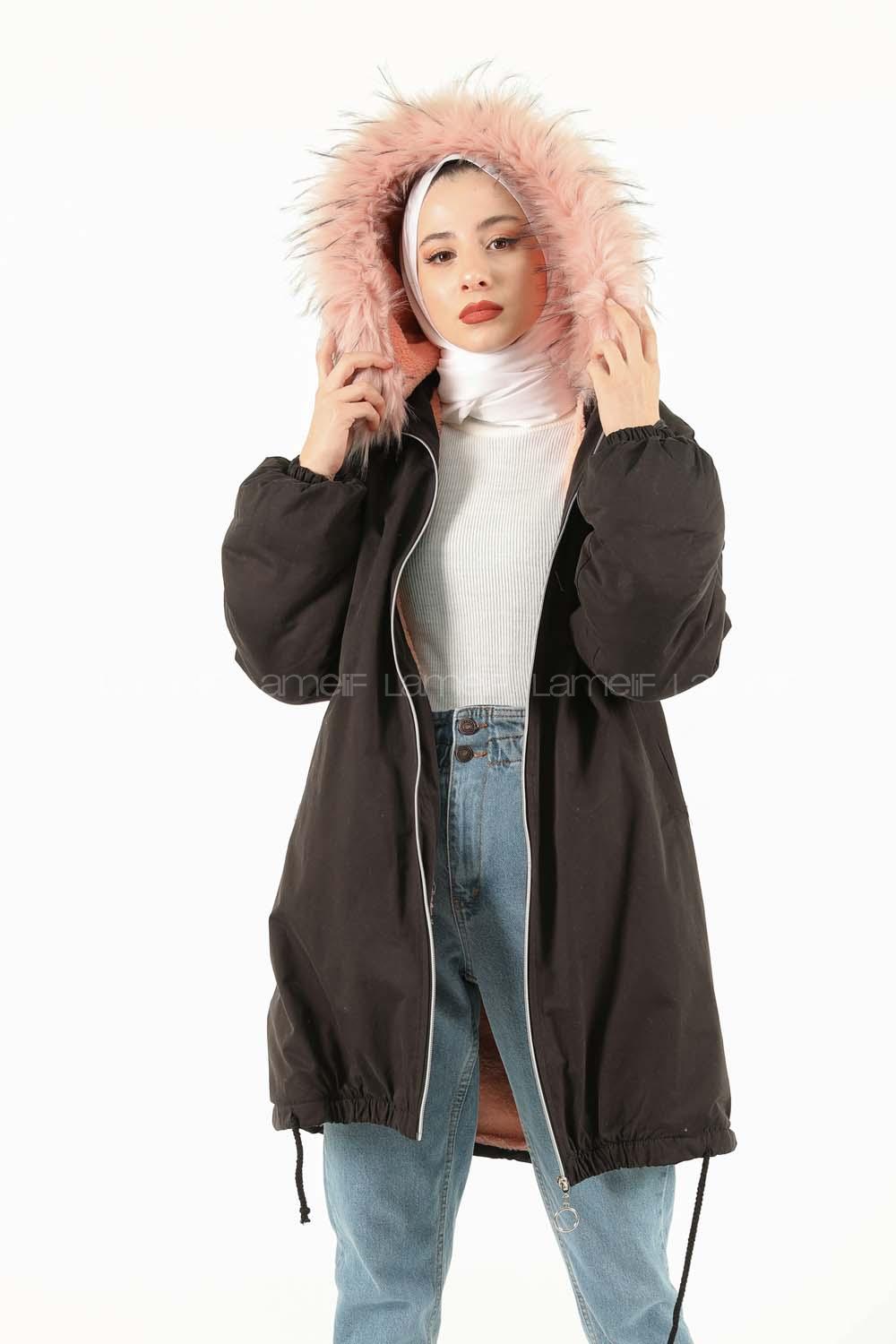 Modalamelif İçi Kürklü Arkası Süs fermuar Detaylı Kaban Siyah