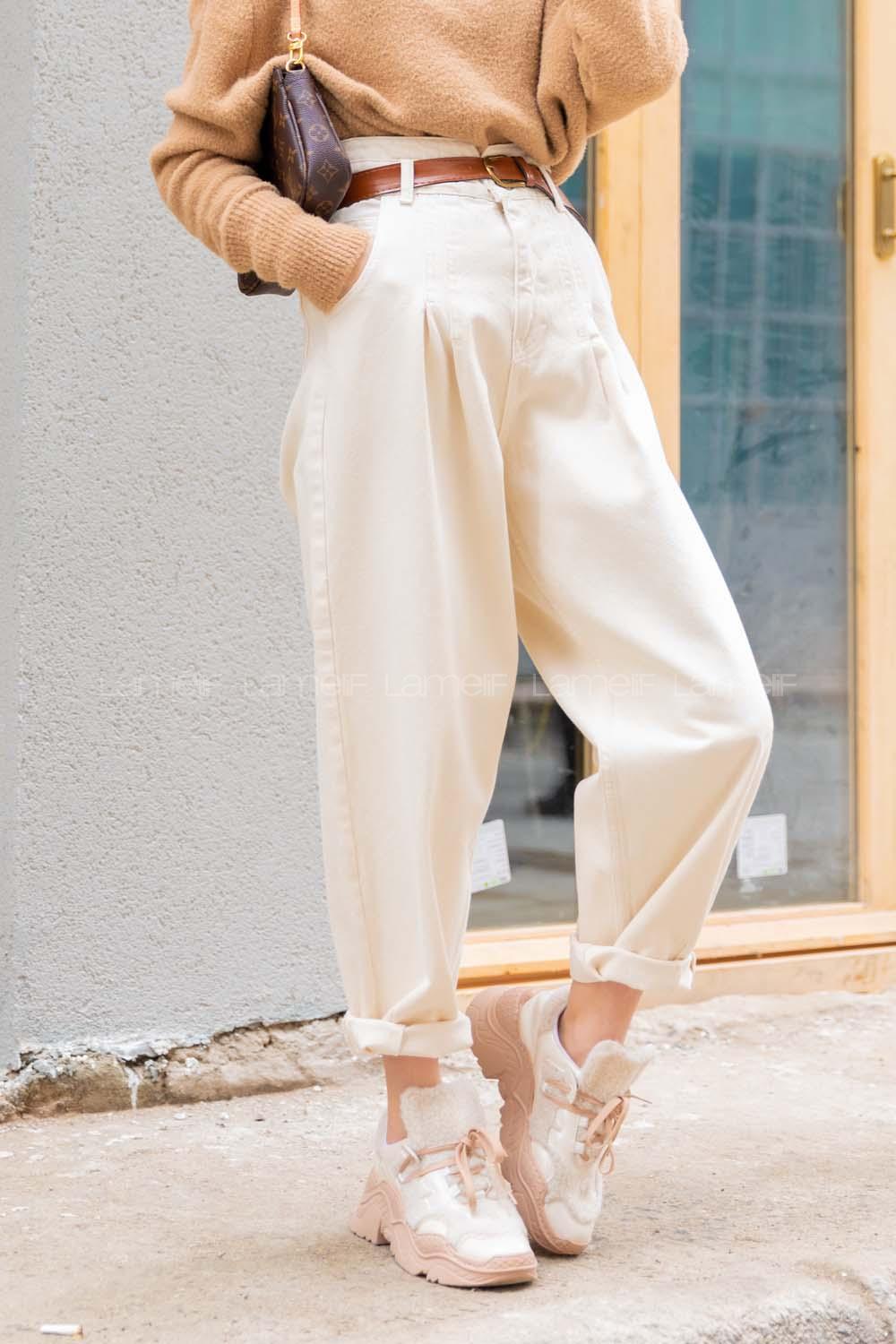 Modalamelif İki Pileli Paçası Pensli Kot Pantolon Krem