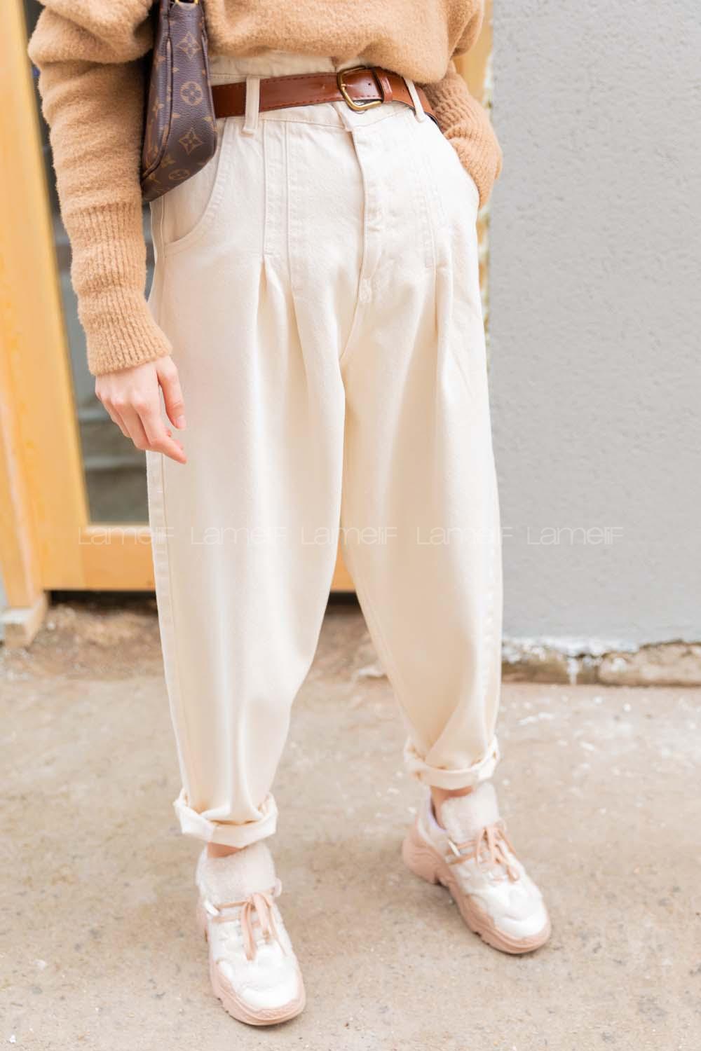 Modalamelif İki Pileli Paçası Pensli Kot Pantolon Krem