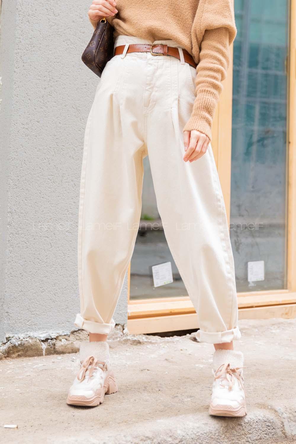 Modalamelif İki Pileli Paçası Pensli Kot Pantolon Krem