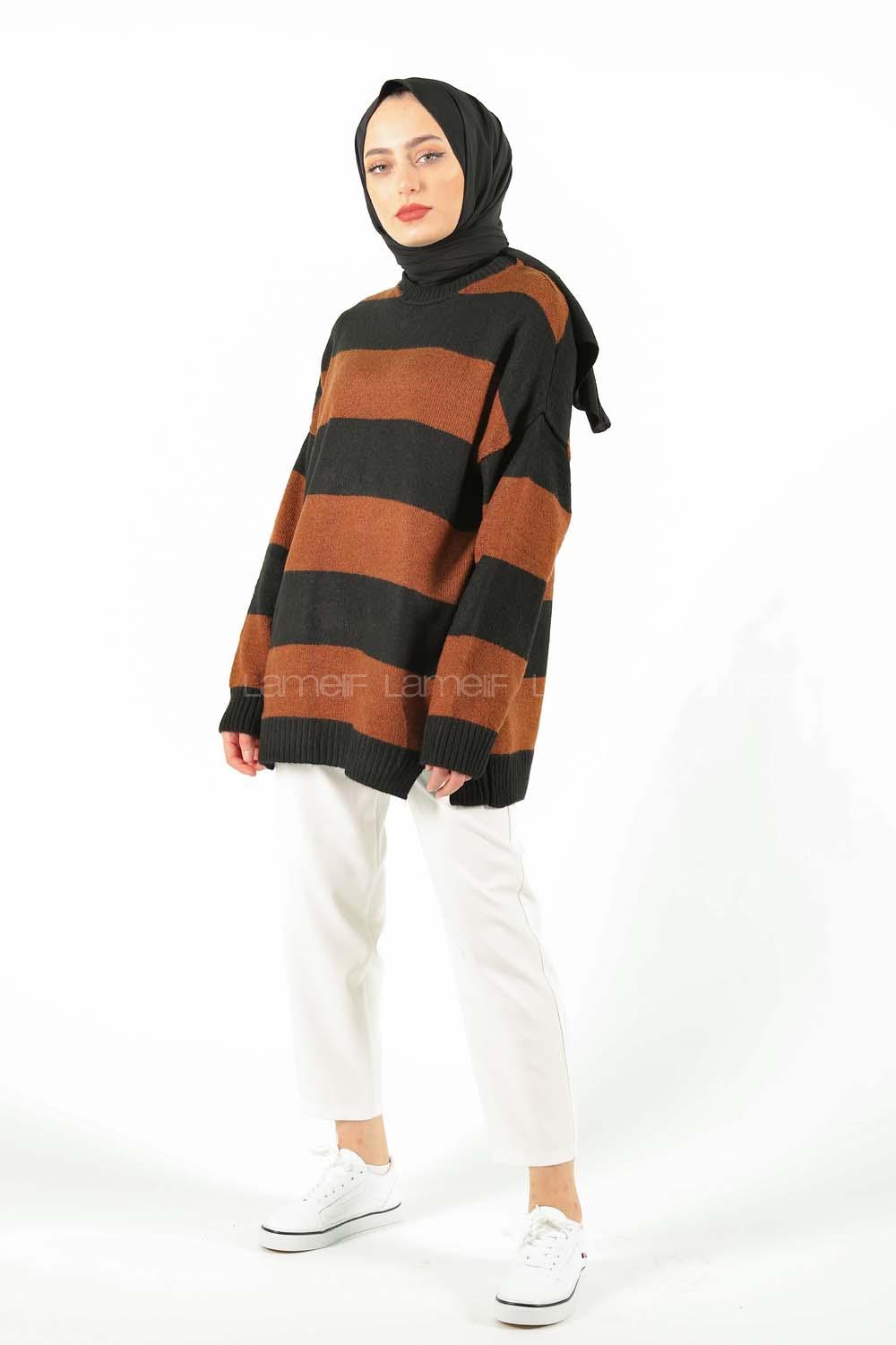 Modalamelif Kahverengi Kontrast Triko Kazak