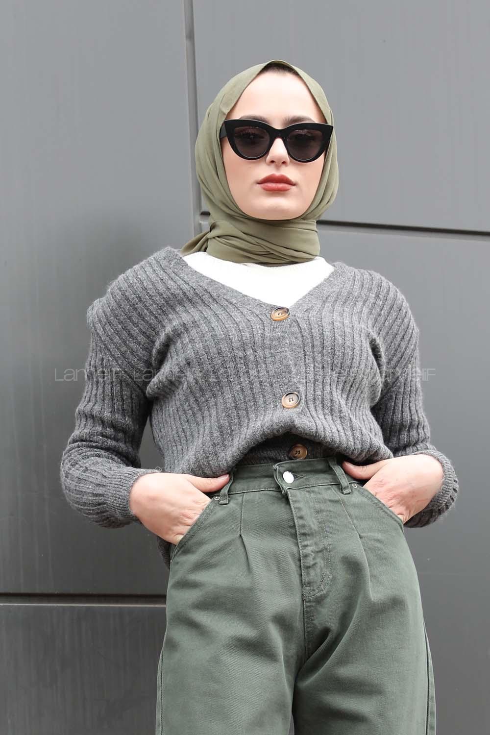 Modalamelif Önü Düğmeli Fitilli  Hırka Antrasit