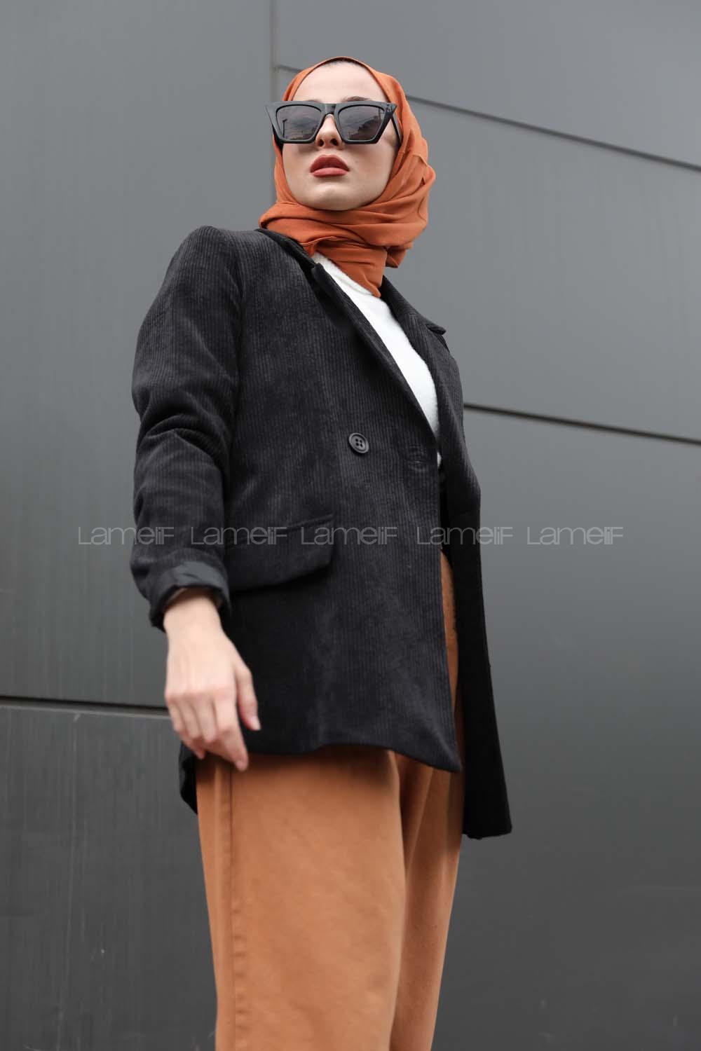 Modalamelif Önü Düğmeli Kadife Ceket Siyah