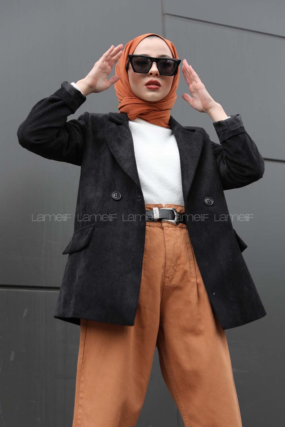 Modalamelif Önü Düğmeli Kadife Ceket Siyah