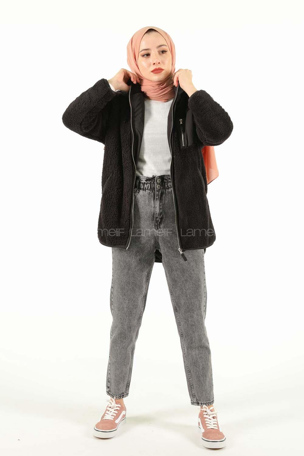 Modalamelif Önü Fermuarlı Peluş Mont Siyah