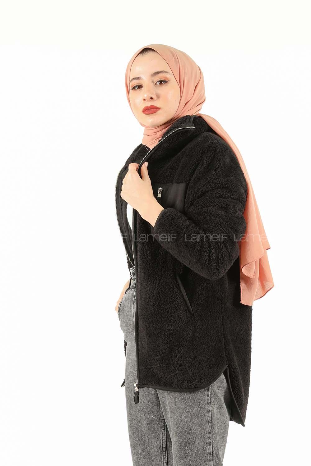 Modalamelif Önü Fermuarlı Peluş Mont Siyah