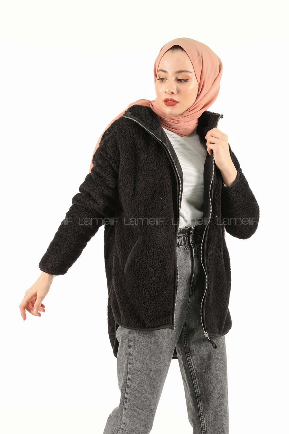 Modalamelif Önü Fermuarlı Peluş Mont Siyah