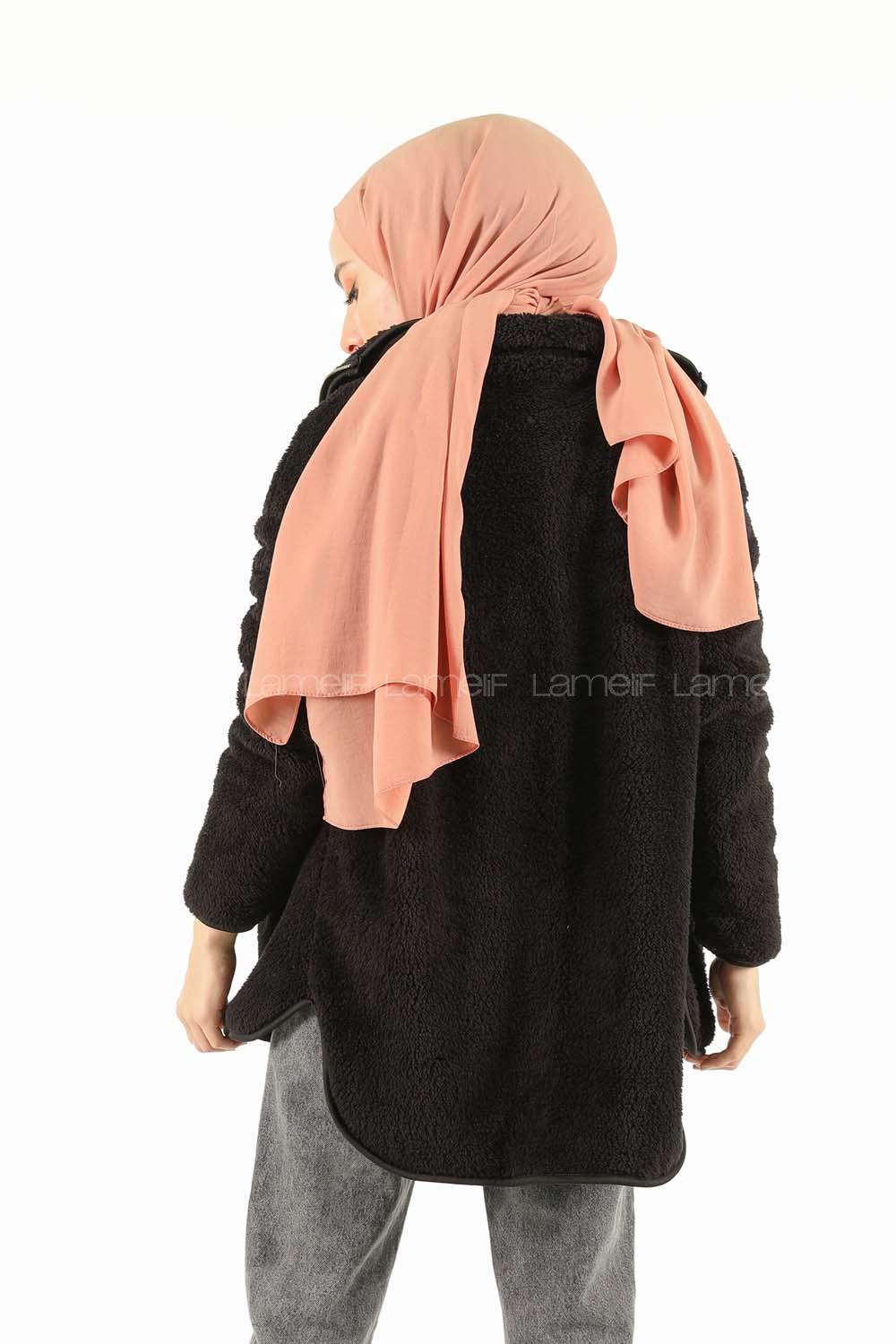 Modalamelif Önü Fermuarlı Peluş Mont Siyah