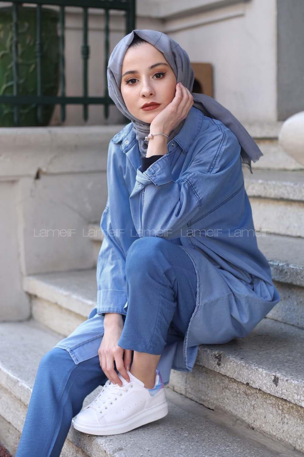 Modalamelif Oversize Gizli Cepli Kot Gömlek