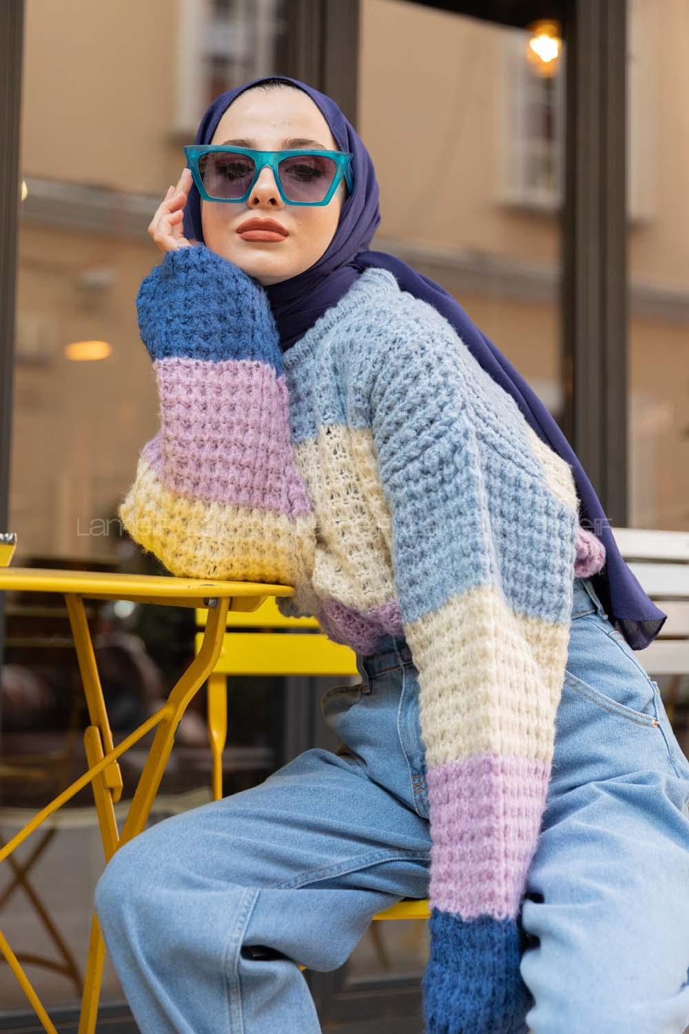 Modalamelif Renkli Çizgili Kazak  İndigo