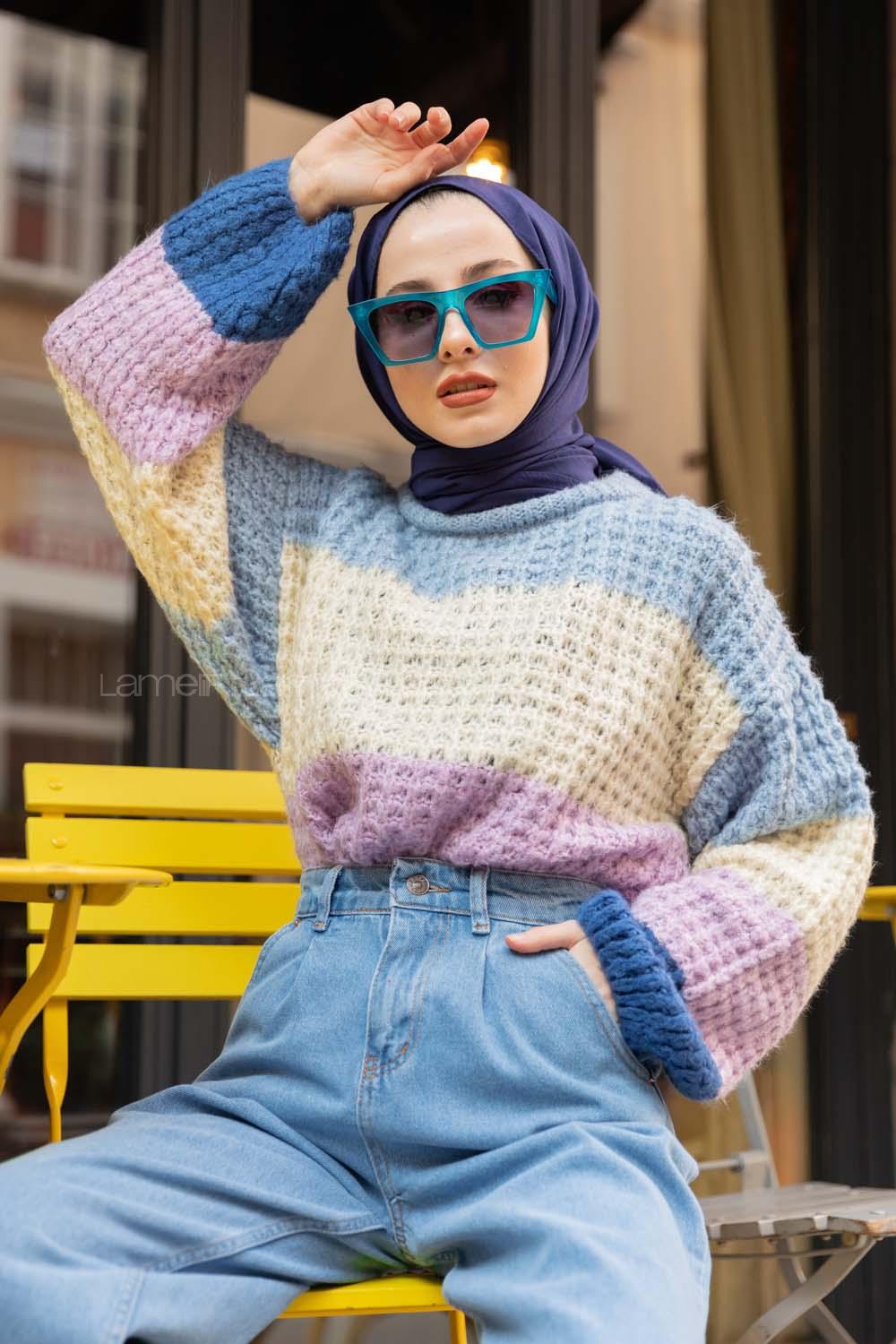 Modalamelif Renkli Çizgili Kazak  İndigo