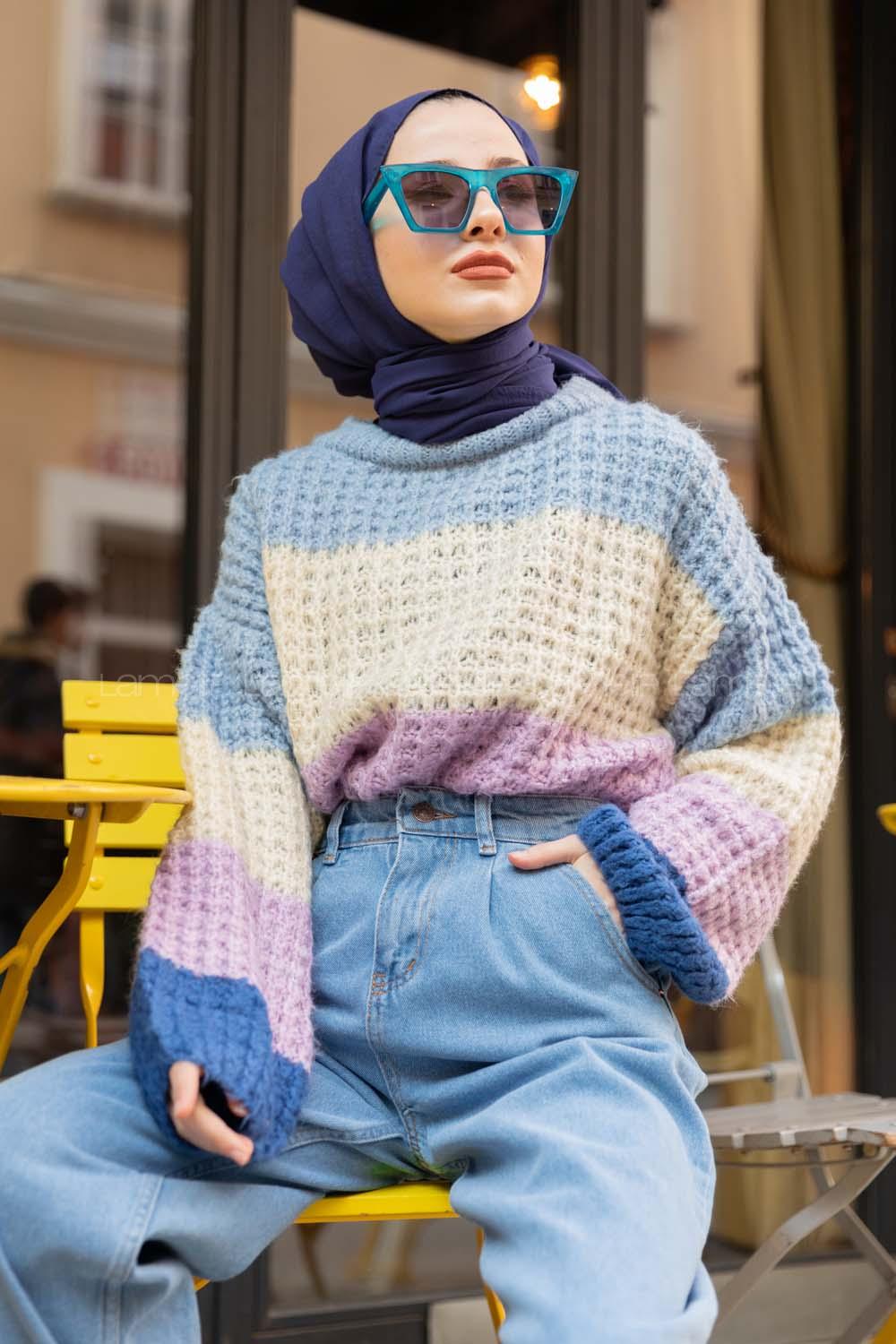 Modalamelif Renkli Çizgili Kazak  İndigo