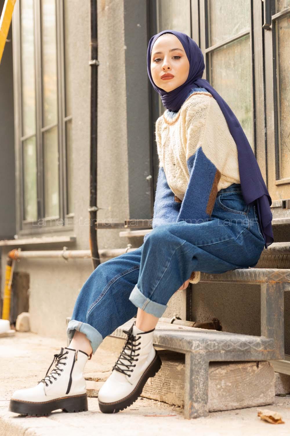 Modalamelif Üç Renk İntersiye Kazak  İndigo Ekru