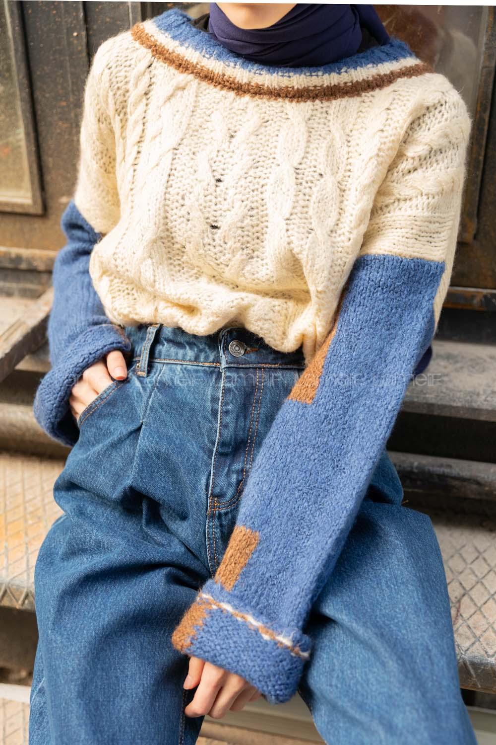 Modalamelif Üç Renk İntersiye Kazak  İndigo Ekru