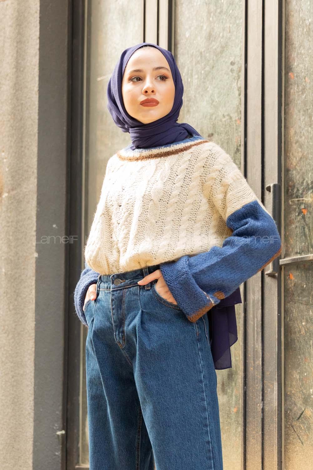 Modalamelif Üç Renk İntersiye Kazak  İndigo Ekru