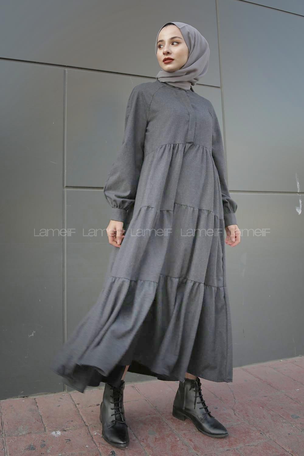 Modalamelif Hakim Yaka Önü Yarım Düğmeli Elbise Füme