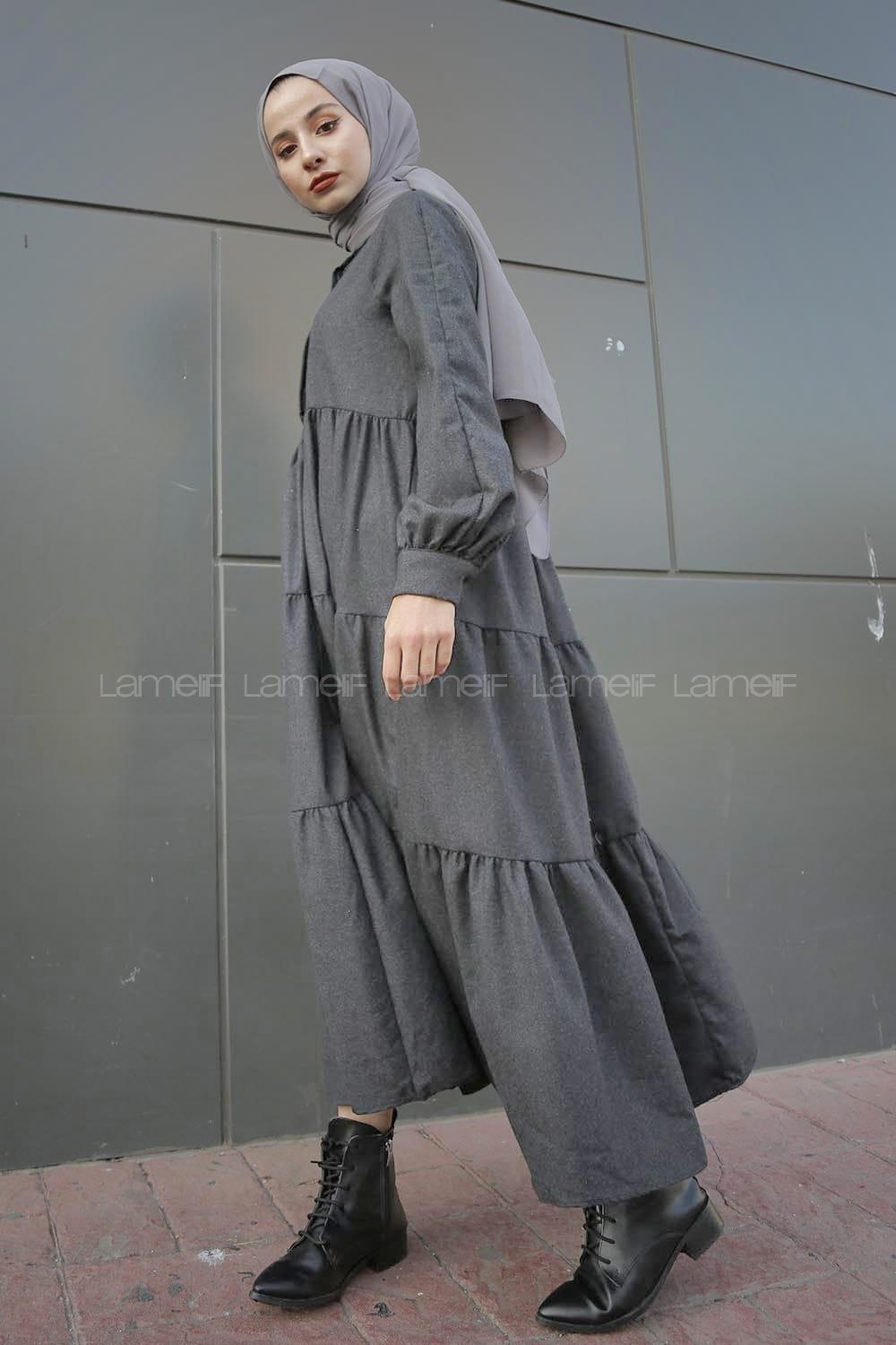 Modalamelif Hakim Yaka Önü Yarım Düğmeli Elbise Füme