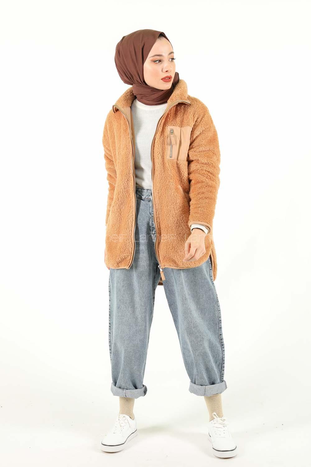 Modalamelif Önü Fermuarlı Peluş Mont Camel