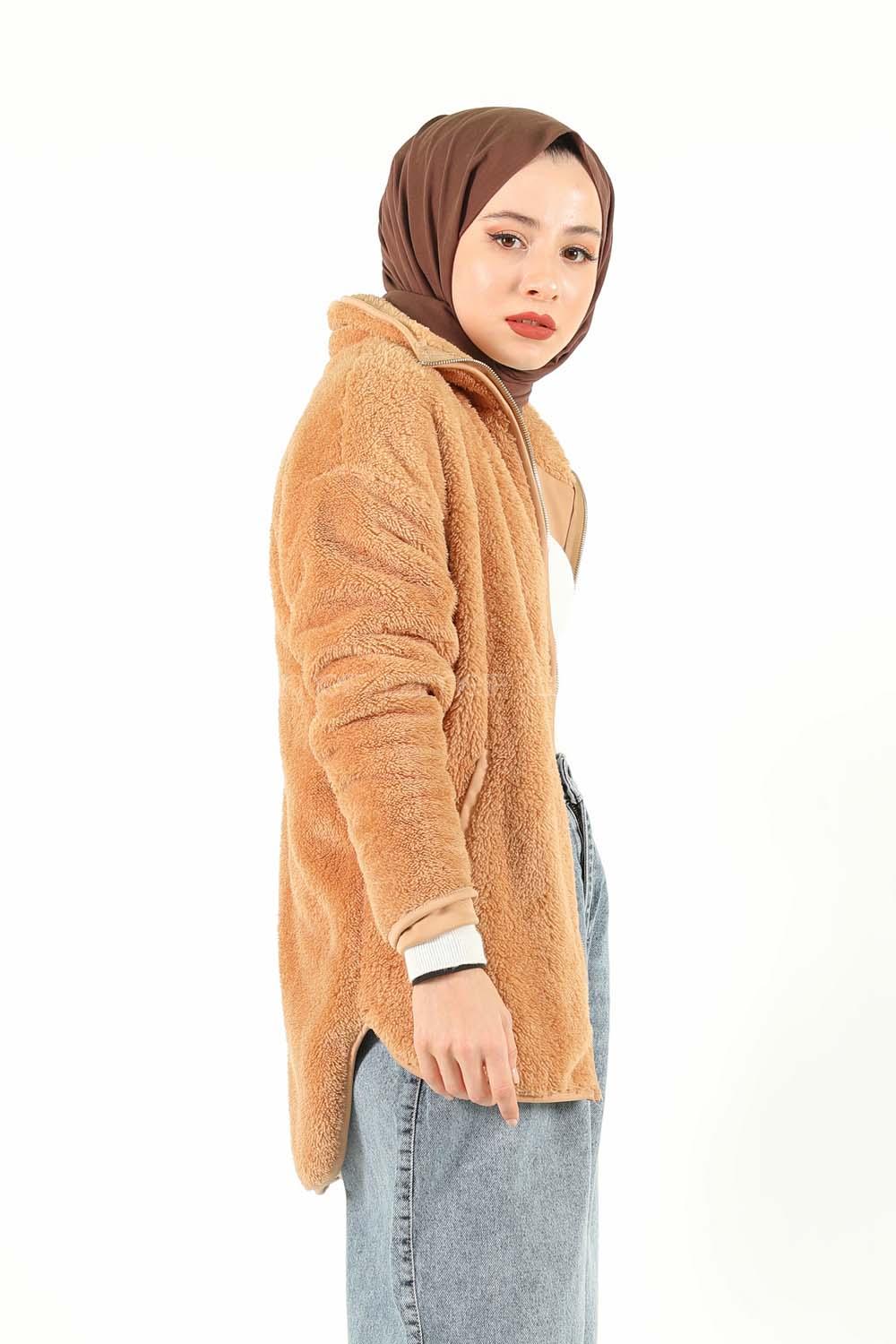 Modalamelif Önü Fermuarlı Peluş Mont Camel