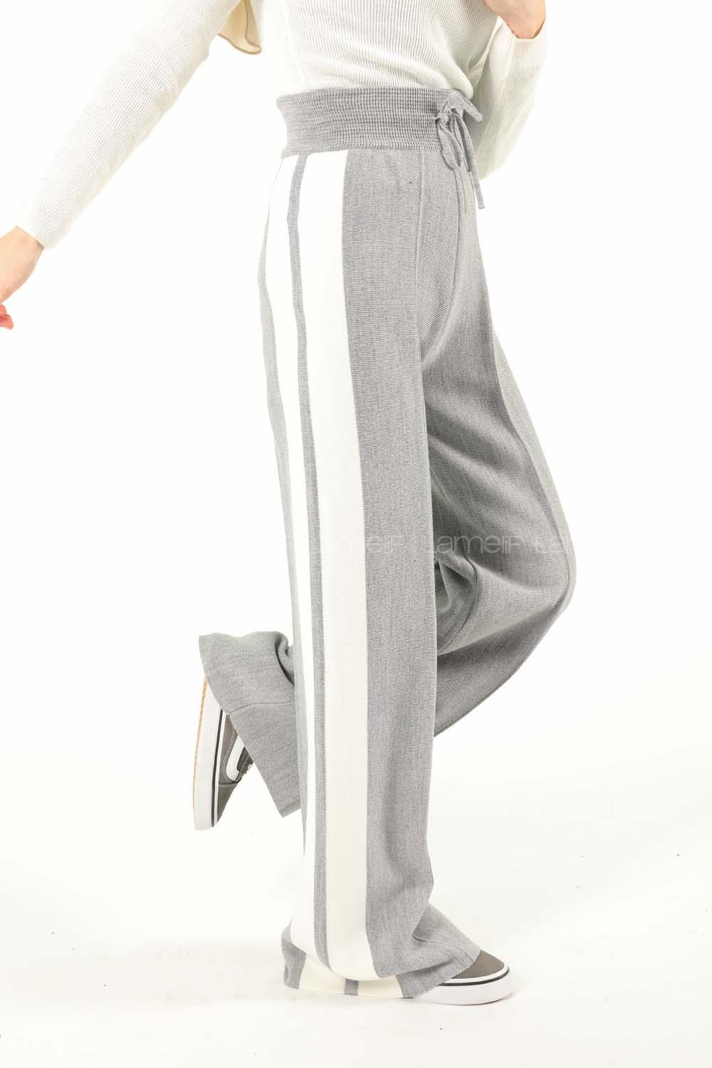 Modalamelif Şeritli Bol Paça Triko Pantolon Gri