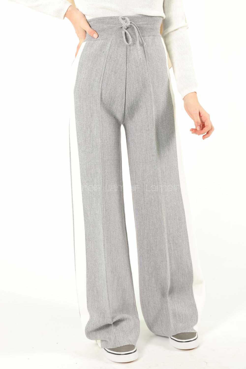 Modalamelif Şeritli Bol Paça Triko Pantolon Gri