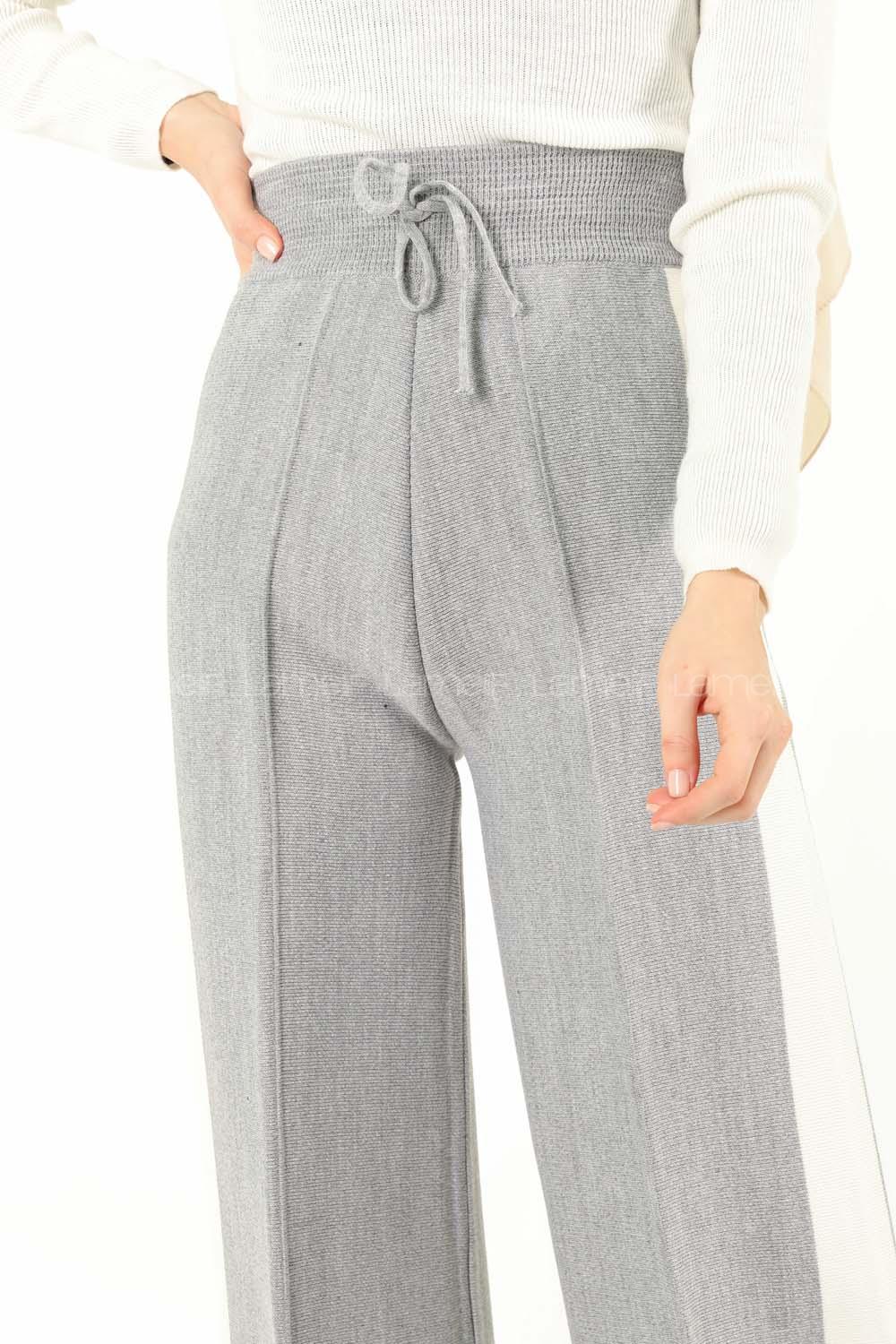 Modalamelif Şeritli Bol Paça Triko Pantolon Gri