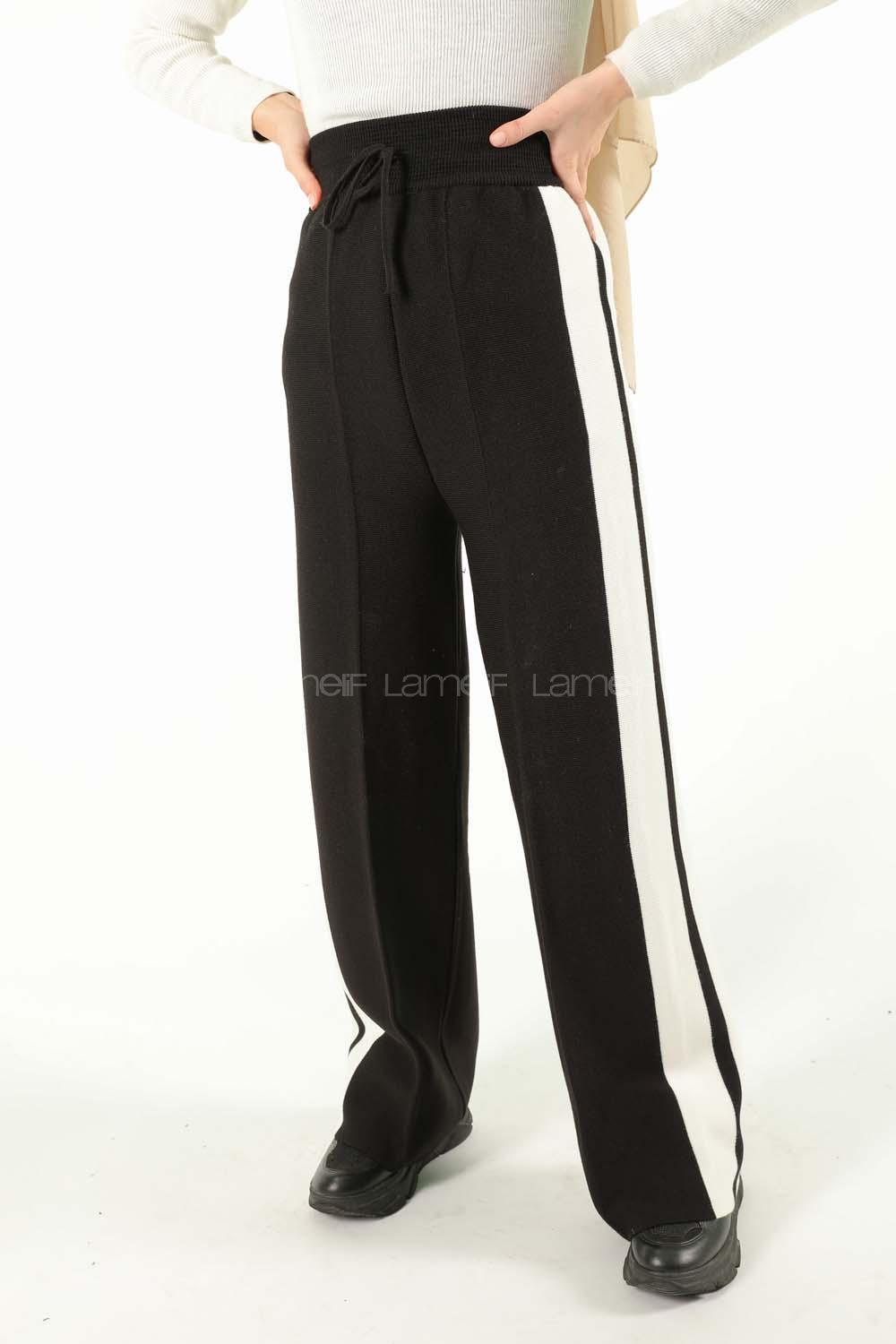 Modalamelif Şeritli Bol Paça Triko Pantolon Siyah