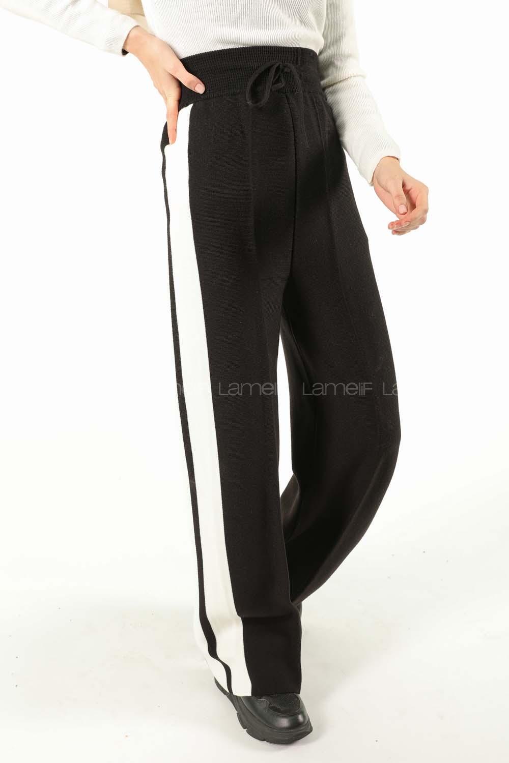 Modalamelif Şeritli Bol Paça Triko Pantolon Siyah